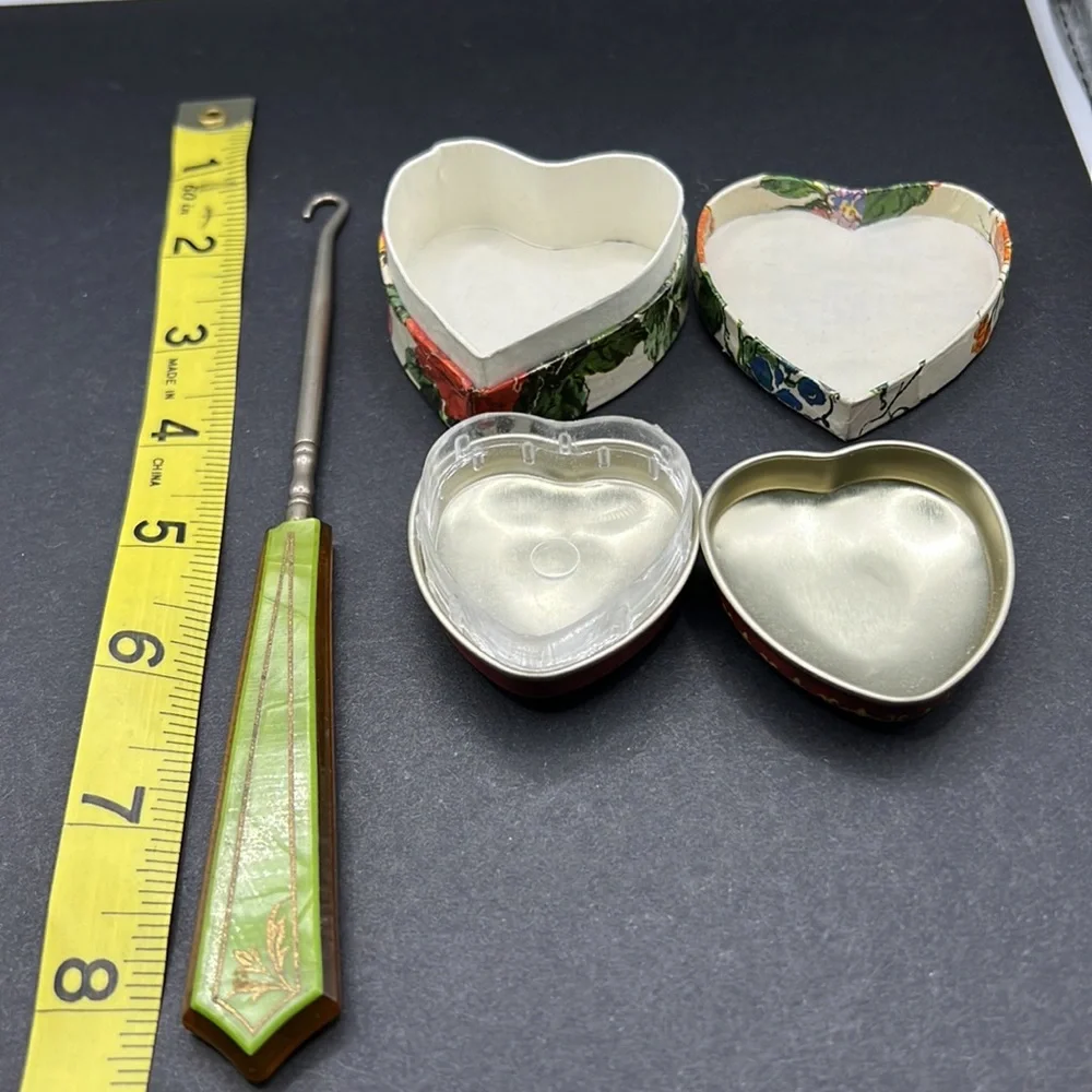 Vintage celluloid button hook, trinket boxes